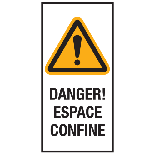Bord met pictogram en tekst: "Danger! Espace Confine" - ISO 7010 - W001