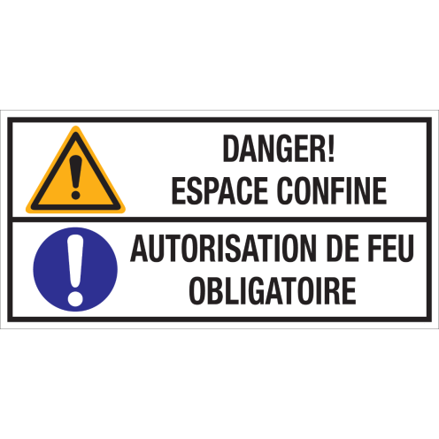 Bord met pictogram en tekst: "Danger! Espace Confine - Autorisation de Feu Obligatoire" - ISO 7010 - W001, M001