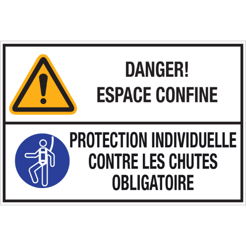 Bord met pictogram en tekst: "Danger! Espace Confine - Protection Individuelle Contre Les Chutes Obligatoire  - ISO 7010 - W001, M018