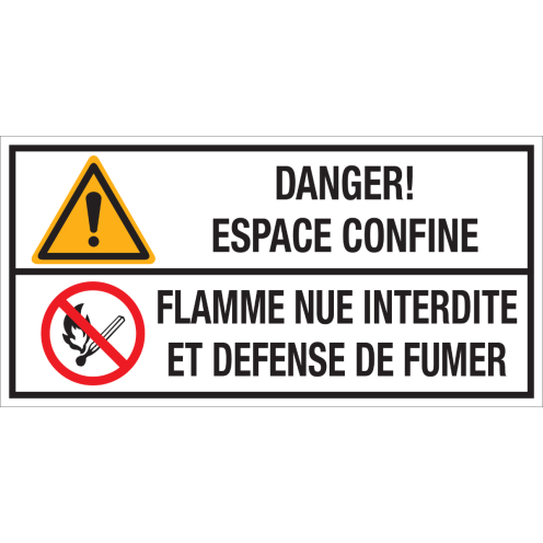 Bord met pictogram en tekst: "Danger! Espace Confine - Flamme Nue Interdite et Defense de Fumer" - ISO 7010 - W001, P003