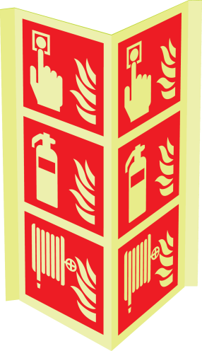 Gecombineerd fotoluminescerend panorama bord met pictogram van een brandblusser, brandslanghaspel en handbrandmelder volgens ISO 7010