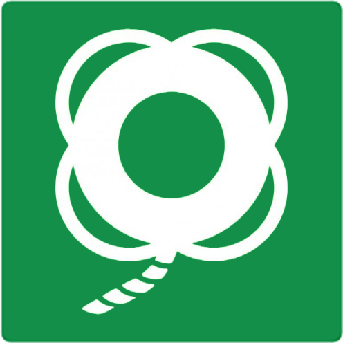 Bord met pictogram van een reddingsboei met lijn ISO 7010