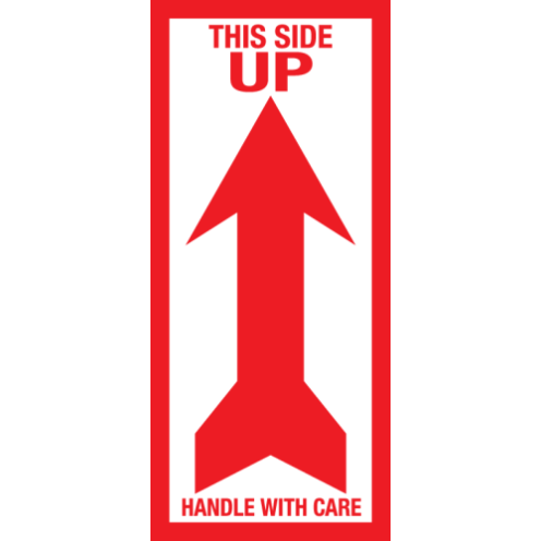 Sticker met pictogram en tekst This side up rood
