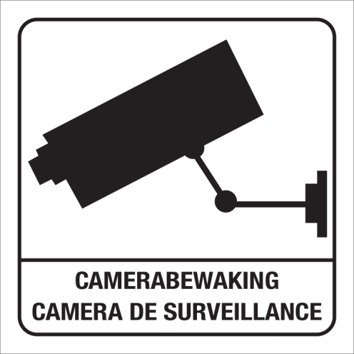 Witte spiegelbeeld sticker met pictogram met tekst in NL/FR voor aanduiding camerabewaking 