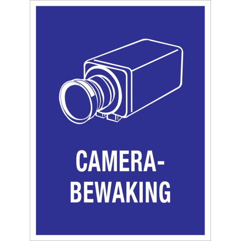 Blauwe spiegelbeeld sticker met pictogram en tekst camerabewaking