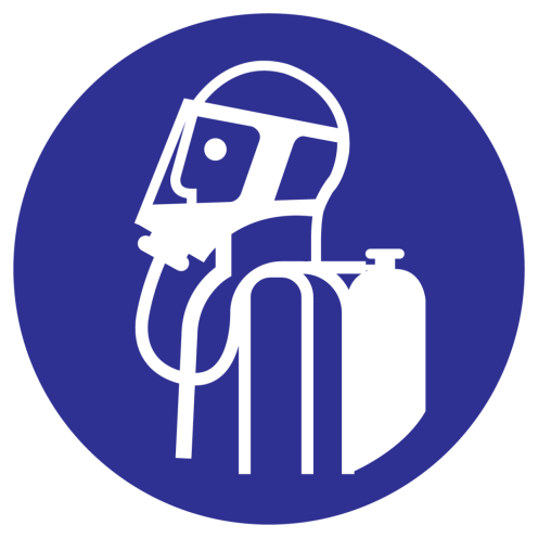 Blauwe sticker met pictogram om aan te duiden dat het dragen van ademhalingsapparatuur verplicht is - ISO7010 - M047