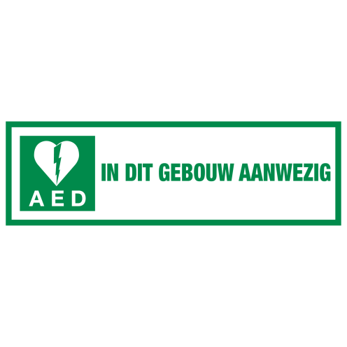 Sticker met pictogram en tekst AED in dit gebouw aanwezig KB 21-4-2007