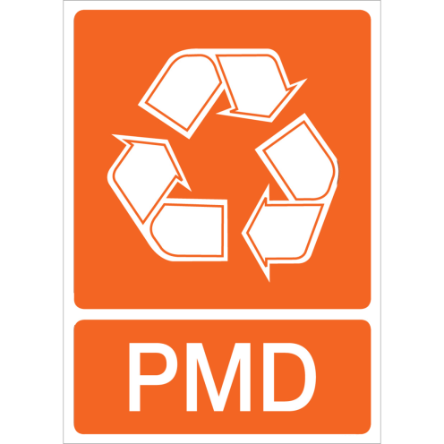 Oranje sticker met pictogram voor het recyclen en afvalscheiden van plastic metalen en drankkarton