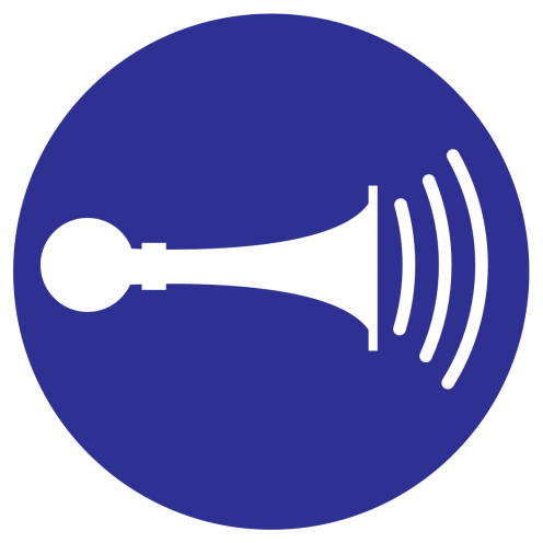 Blauwe sticker met pictogram om aan te duiden dat het verplicht is om een akoestisch geluidssignaal te geven - ISO7010 - M029