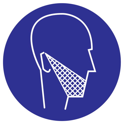 Blauwe sticker met pictogram om aan te duiden dat een baardnetje verplicht is