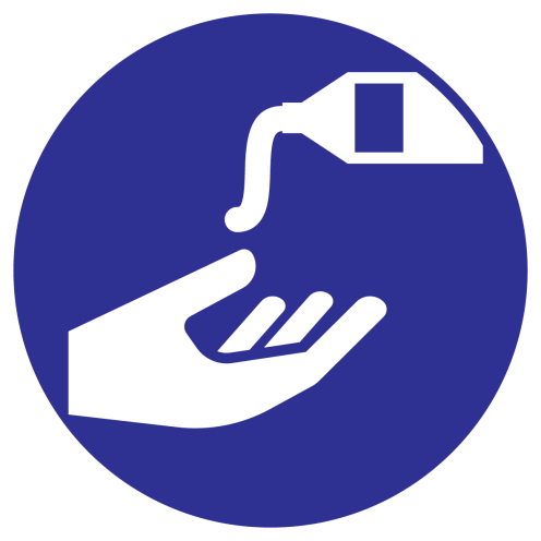 Blauwe sticker met pictogram om aan te duiden dat desinfectie van de handen verplicht is - ISO7010 - M022