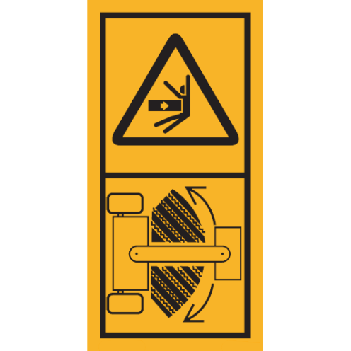 Machinemarkering sticker waarschuwing "Bewegende Delen, niet in scharniergebied begeven" volgens ISO 11684