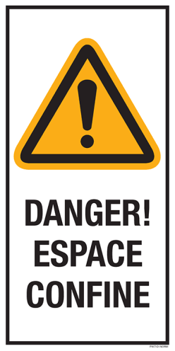 Sticker met pictogram en tekst: "Danger! Espace Confine" - ISO 7010 - W001