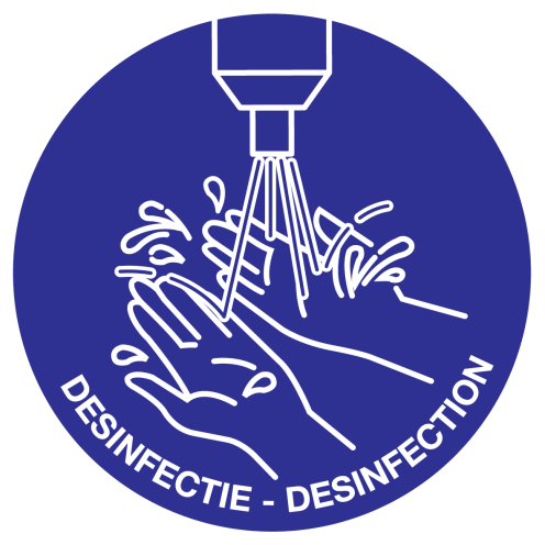 Blauwe sticker met pictogram en tekst om aan te duiden dat desinfectie van de handen verplicht is