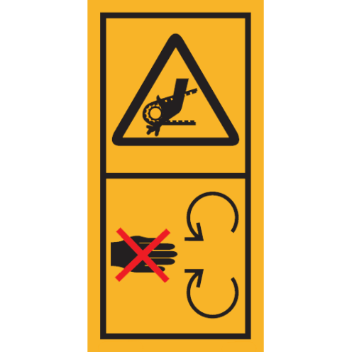 Machinemarkering sticker waarschuwing "Draaiende Delen, Gevaar voor riem of kettingaandrijving" volgens ISO 11684