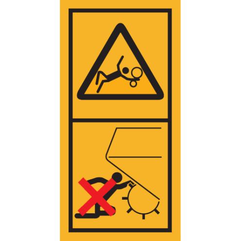Machinemarkering sticker waarschuwing "Draaiende Delen, Gevaar voor arm bij roterende rollen, Knelgevaar Balenpers of Opraapwagen" volgens ISO 11684