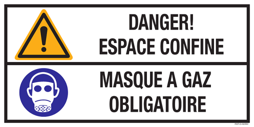 Sticker met pictogram en tekst: "Danger! Espace Confine - Masque a Gaz Obligatoire" - ISO 7010 - W001, M017