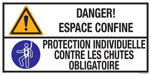 Sticker met pictogram en tekst: "Danger! Espace Confine - Protection Individuelle Contre Les Chutes Obligatoire  - ISO 7010 - W001, M018