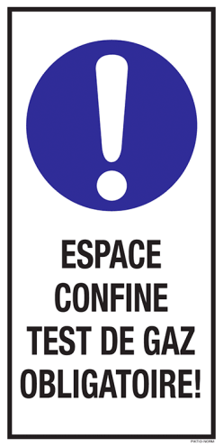 Sticker met pictogram en tekst: "Espace Confine Test de Gaz Obligatoire" - ISO 7010 - M001