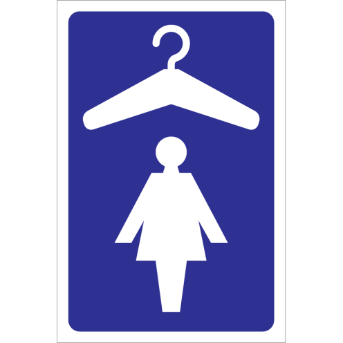 Blauwe sticker met pictogram voor aanduiden garderobe voor dames
