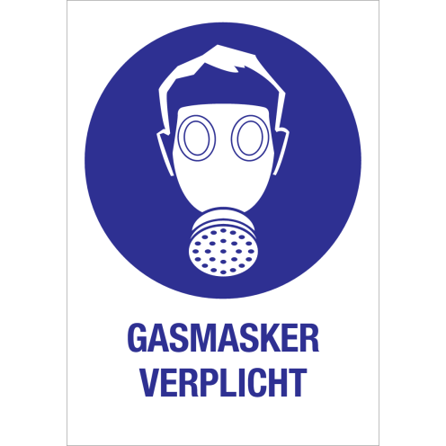 Sticker met pictogram en tekst om aan te duiden dat een gasmasker verplicht is