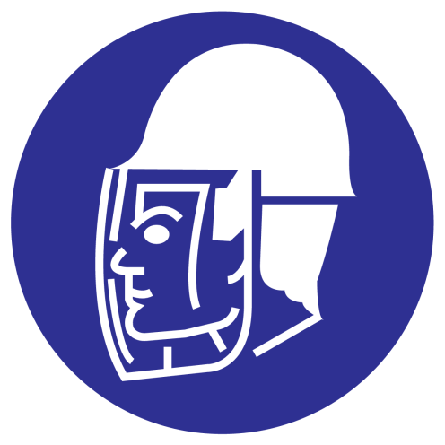 Blauwe sticker met pictogram om aan te duiden dat gelaatsbescherming verplicht is