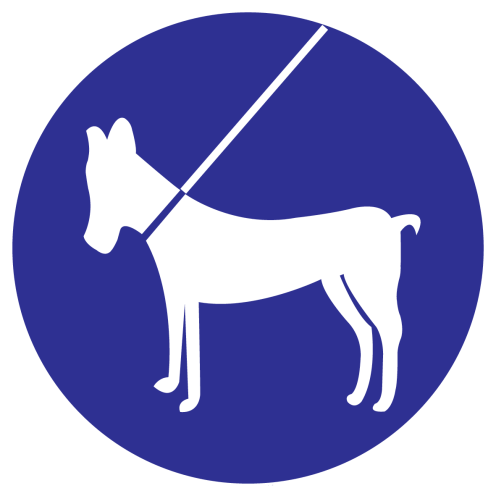 Blauwe sticker met pictogram om aan te duiden dat honden aan de riem verplicht is