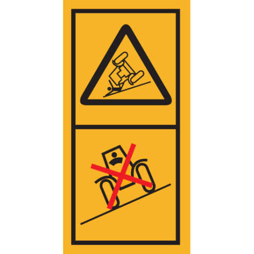 Machinemarkering sticker waarschuwing "Gevaar voor kantelen, niet op schuine helling rijden" volgens ISO 11684