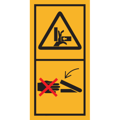 Machinemarkering sticker waarschuwing "Knel- en pletgevaar voor hand en vingers, Niet grijpen als onderdelen nog in beweging kunnen zijn" volgens ISO 11684