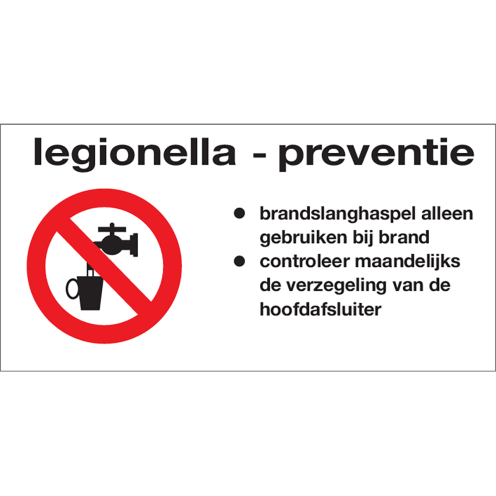 Sticker Legionella Preventie Brandslanghaspel - tekststicker met rode tekst