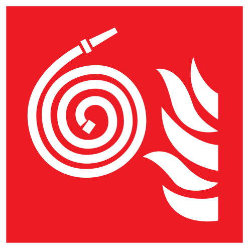 Sticker met pictogram van een losse brandslang volgens ISO 7010