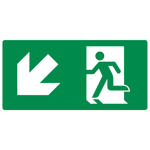 Sticker met pictogram nooduitgang links omlaag ISO 7010