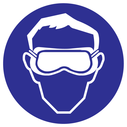 Blauwe sticker met pictogram om aan te duiden dat het dragen van een panoramabril verplicht is
