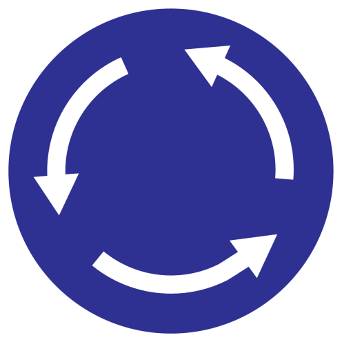 Blauwe sticker met pictogram om een rotonde aan te duiden