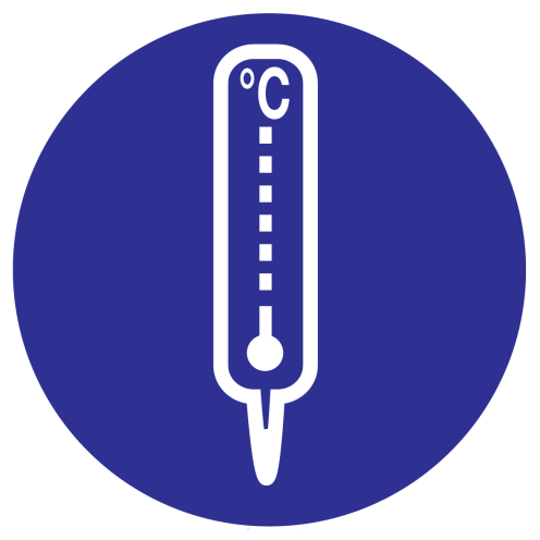 Blauwe sticker met pictogram om aan te duiden dat het meten van de temperatuur verplicht is