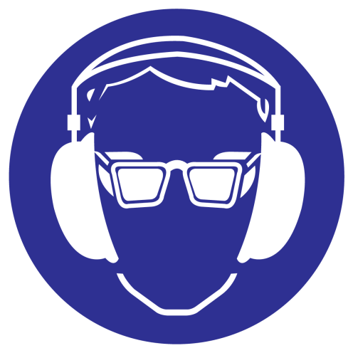 Blauwe sticker met pictogram om aan te duiden dat gehoor en oogbescherming verplicht is