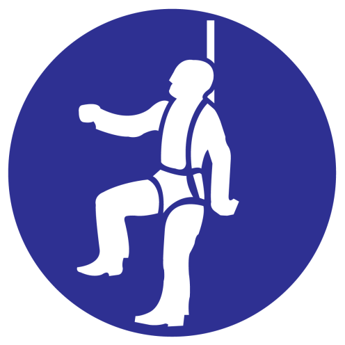Blauwe sticker met pictogram om aan te duiden dat een veiligheidsharnas verplicht is