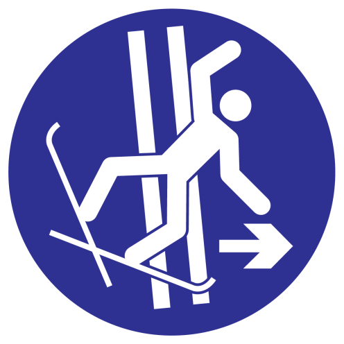 Blauwe sticker met pictogram om aan te duiden dat het sleepspoor verlaten dient te worden