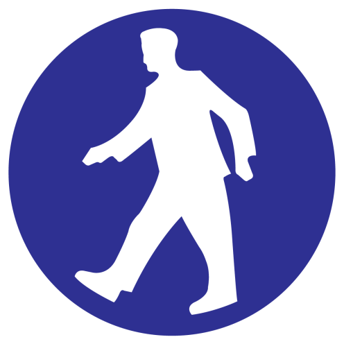 Blauwe sticker met pictogram om een verplicht looppad aan te duiden