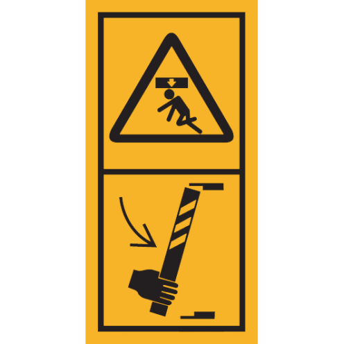 Machinemarkering sticker waarschuwing "Zakkende delen, bevestig steun" volgens ISO 11684