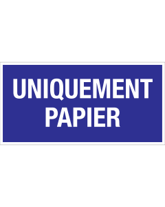 Blauwe sticker met tekst voor afvalscheiding van papierafval