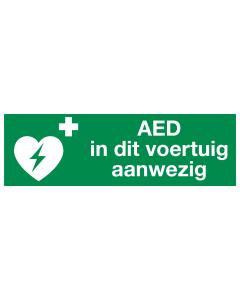 Bord met pictogram en tekst AED in dit voertuig aanwezig ISO 7010