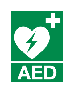 Bord met pictogram en tekst AED volgens ISO 7010
