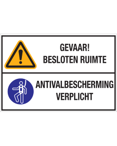 Bord met pictogram en tekst: "Gevaar! Besloten Ruimte - Valbescherming Verplicht" - ISO 7010 - W001, M018