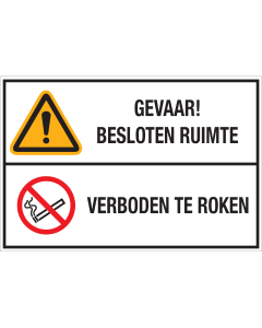 Bord met pictogram en tekst: "Gevaar! Besloten Ruimte - Verboden te Roken" - ISO 7010 - W001, P002