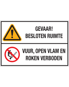 Bord met pictogram en tekst: "Gevaar! Besloten Ruimte - Vuur, Open Vlam en Roken Verboden" - ISO 7010 - W001, P003