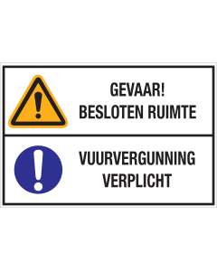 Bord met pictogram en tekst: "Gevaar! Besloten Ruimte - Vuurvergunning Verplicht" - ISO 7010 - W001, M001