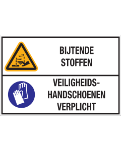 Bord met pictogram en tekst: "Bijtende Stoffen - Veiligheidshandschoenen Verplicht" - ISO 7010 - W023, M009
