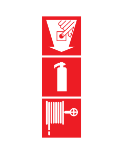 Bord met pictogram van een brandblusser, brandhaspel en handmelder met pijl