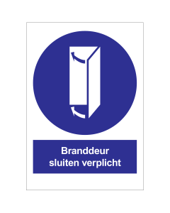 Bord met pictogram en tekst branddeur sluiten blauw-wit NEN 3011